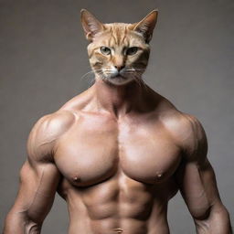 A muscular human body with a cat's head, depicting a surreal and strong hybrid creature.