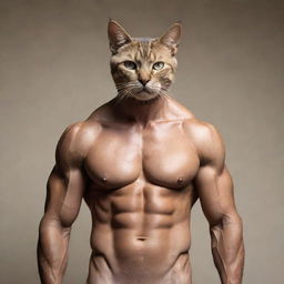 A muscular human body with a cat's head, depicting a surreal and strong hybrid creature.