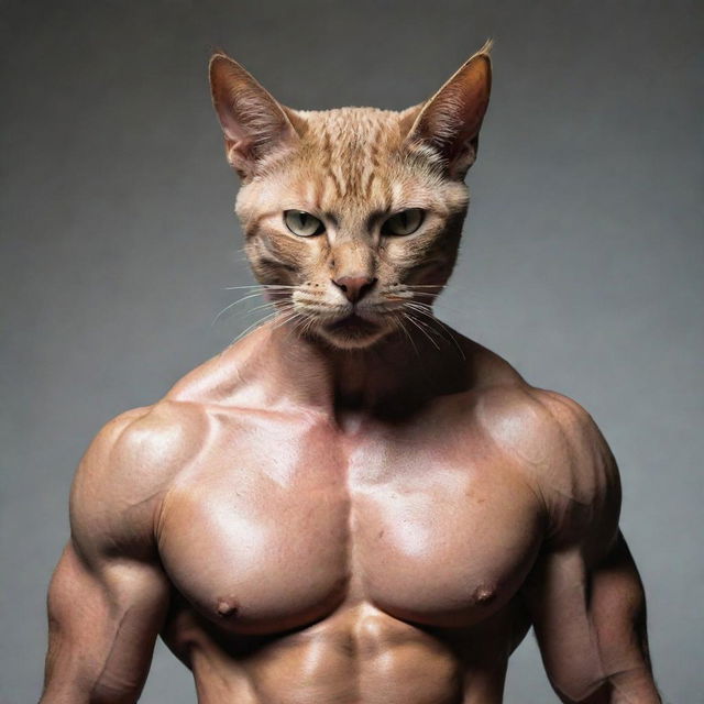 A muscular human body with a cat's head, depicting a surreal and strong hybrid creature.