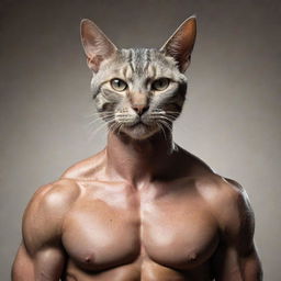 A muscular human body with a cat's head, depicting a surreal and strong hybrid creature.