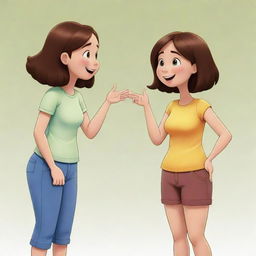 Compose a cartoon scene featuring two characters: a girl with a larger physique engaged in conversation with her friend, a slender figure. Ensure their gestures and expressions depict friendly interaction.