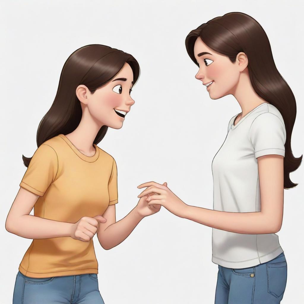 Compose a cartoon scene featuring two characters: a girl with a larger physique engaged in conversation with her friend, a slender figure. Ensure their gestures and expressions depict friendly interaction.