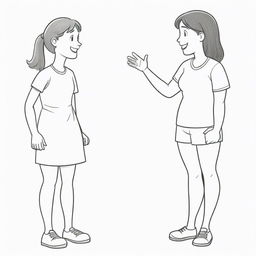 Compose a cartoon scene featuring two characters: a girl with a larger physique engaged in conversation with her friend, a slender figure. Ensure their gestures and expressions depict friendly interaction.