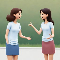 Compose a cartoon scene featuring two characters: a girl with a larger physique engaged in conversation with her friend, a slender figure. Ensure their gestures and expressions depict friendly interaction.