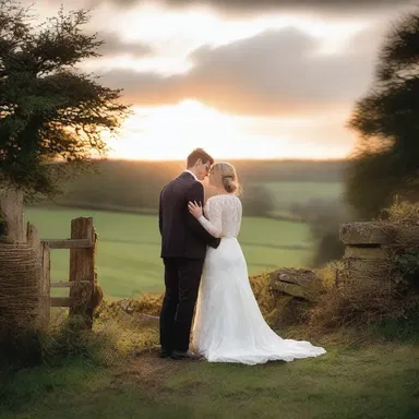 As the sun set, the couple stood by the stile, their hands intertwined, sharing a romantic moment.