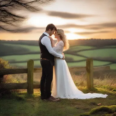As the sun set, the couple stood by the stile, their hands intertwined, sharing a romantic moment.