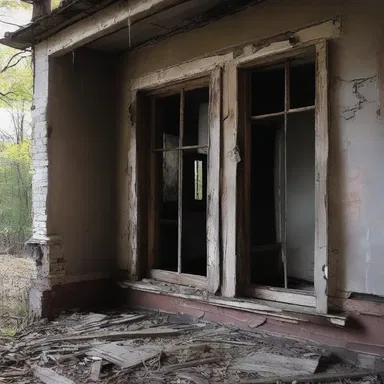 The old abandoned house had broken stiles in the window frames, adding to the eerie atmosphere of the horror movie scene.