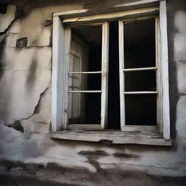 The old abandoned house had broken stiles in the window frames, adding to the eerie atmosphere of the horror movie scene.