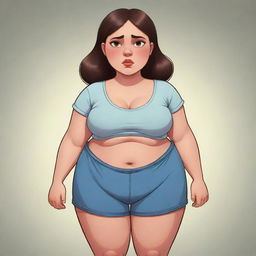 Cartoon style depiction of a girl with an oversized body wearing a melancholic expression