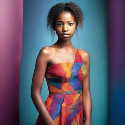 This is a high-resolution, professional photograph of a young actress clad in a trendy, modern dress