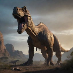 A massive, terrifying dinosaur, aglow with ominous shadows, standing in a prehistoric landscape