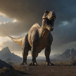 A massive, terrifying dinosaur, aglow with ominous shadows, standing in a prehistoric landscape