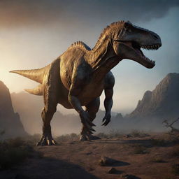 A massive, terrifying dinosaur, aglow with ominous shadows, standing in a prehistoric landscape