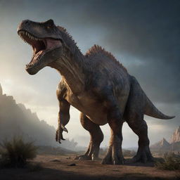 A massive, terrifying dinosaur, aglow with ominous shadows, standing in a prehistoric landscape