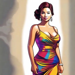 A digital art of a young actress in a stylish modern dress, confidently posing