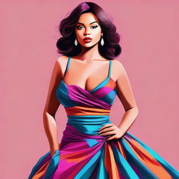 A digital art of a young actress in a stylish modern dress, confidently posing