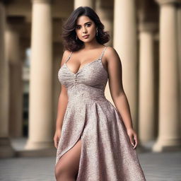 A high-quality photograph of a young actress, dressed in a modern and stylish outfit