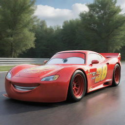 A sleek, lightning-fast race car, inspired by Lightning McQueen, but with fresh, youthful features to denote it's his son. The car should outshine Storm in terms of speed and design