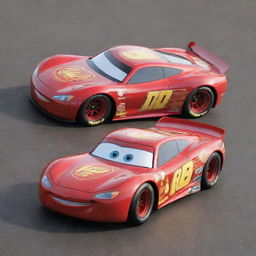 A sleek, lightning-fast race car, inspired by Lightning McQueen, but with fresh, youthful features to denote it's his son. The car should outshine Storm in terms of speed and design