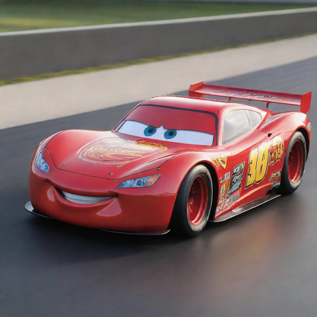 A sleek, lightning-fast race car, inspired by Lightning McQueen, but with fresh, youthful features to denote it's his son. The car should outshine Storm in terms of speed and design