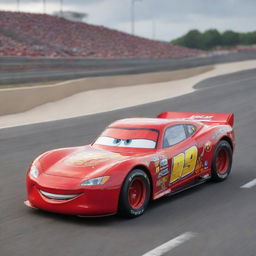 A sleek, lightning-fast race car, inspired by Lightning McQueen, but with fresh, youthful features to denote it's his son. The car should outshine Storm in terms of speed and design