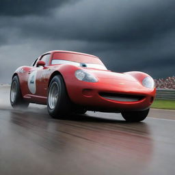 A modern version of 'Queen's Son' from the Cars movie, depicted in a dynamic and exciting race where he's surpassing Storm with incredible speed.