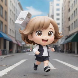 Chibi character joyfully strolling down a city street while swiftly catching a magazine thrown in the air