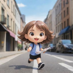 Chibi character joyfully strolling down a city street while swiftly catching a magazine thrown in the air