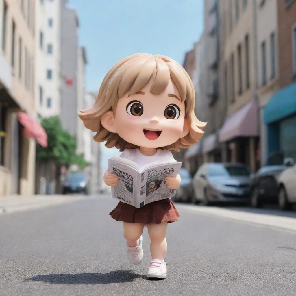 Chibi character joyfully strolling down a city street while swiftly catching a magazine thrown in the air