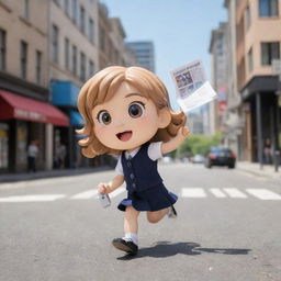 Chibi character joyfully strolling down a city street while swiftly catching a magazine thrown in the air