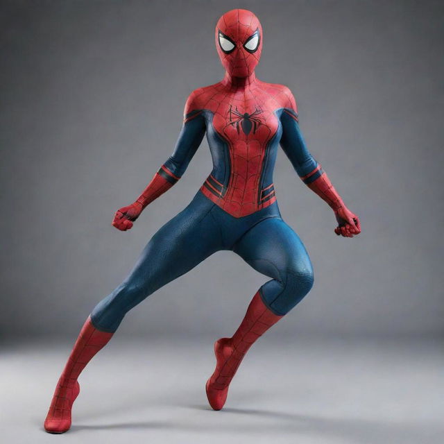 A female version of Spider-Man, maintaining the classic superhero stance and strength, with a well-designed curvy figure in the classic suit.