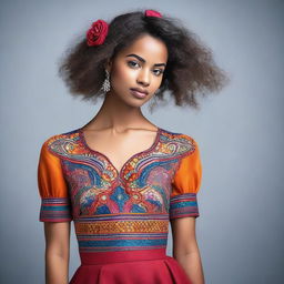 This is a high-resolution photograph of a young woman dressed in a trendy, modern outfit