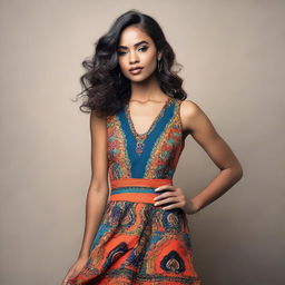 This is a high-resolution photograph of a young woman dressed in a trendy, modern outfit