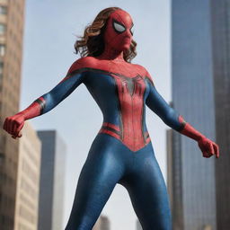 A female version of Spider-Man, maintaining the classic superhero stance and strength, with a well-designed curvy figure in the classic suit.