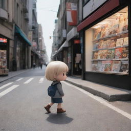 Depict a melancholic Chibi character walking down a bustling city street, looking longingly at a magazine displayed in a store front