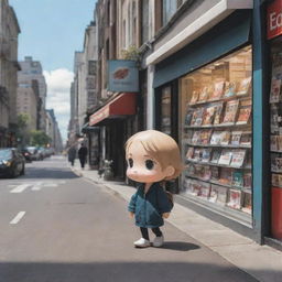 Depict a melancholic Chibi character walking down a bustling city street, looking longingly at a magazine displayed in a store front