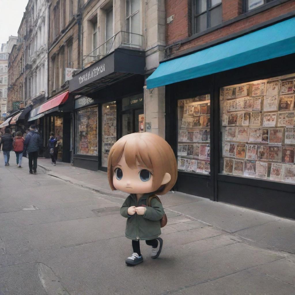 Depict a melancholic Chibi character walking down a bustling city street, looking longingly at a magazine displayed in a store front