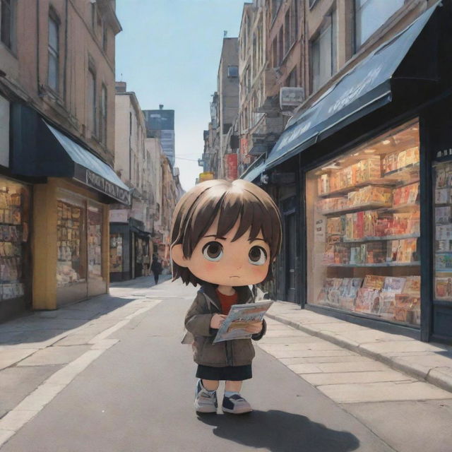 Depict a melancholic Chibi character walking down a bustling city street, looking longingly at a magazine displayed in a store front