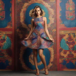 A high-quality photograph presents a young woman in a chic mini dress