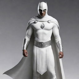 MoonKnight superhero costume reimagined in an Indian aesthetic, fusing traditional Indian clothing elements with symbolic MoonKnight features.