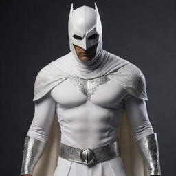 MoonKnight superhero costume reimagined in an Indian aesthetic, fusing traditional Indian clothing elements with symbolic MoonKnight features.