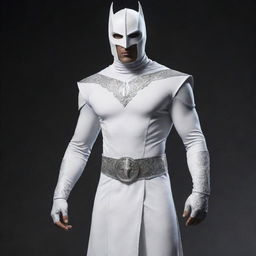 MoonKnight superhero costume reimagined in an Indian aesthetic, fusing traditional Indian clothing elements with symbolic MoonKnight features.