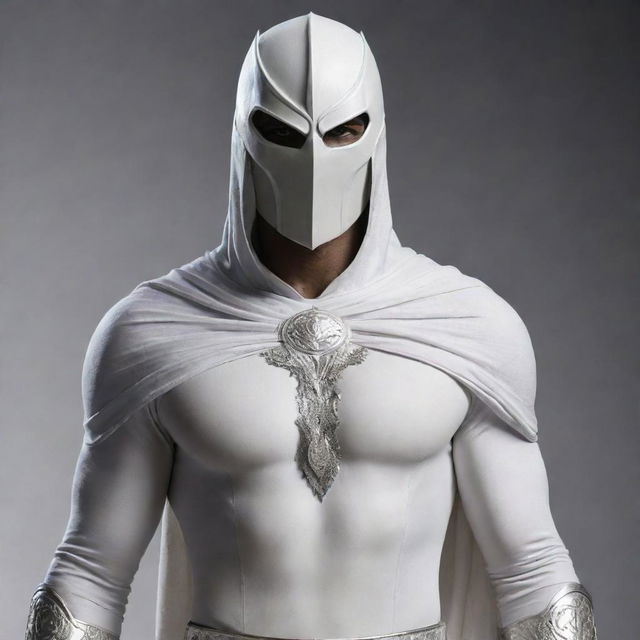 MoonKnight superhero costume reimagined in an Indian aesthetic, fusing traditional Indian clothing elements with symbolic MoonKnight features.