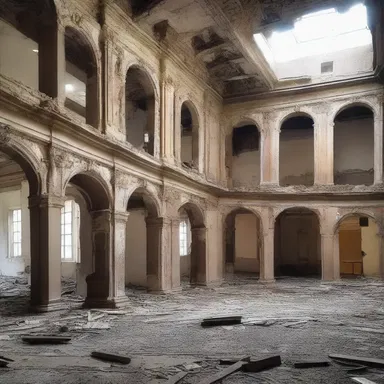 The old building's declination from its original grandeur was evident in its deteriorated state.