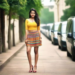 A high-resolution photograph showcases a Desi girl in a trendy mini skirt