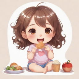 A cute Chibi character happily eating various foods, imagining herself as very slim