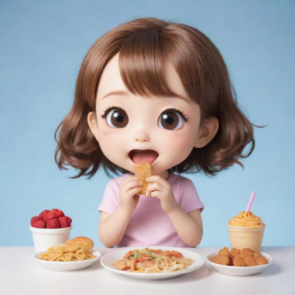 A cute Chibi character happily eating various foods, imagining herself as very slim