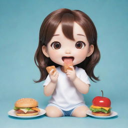 A cute Chibi character happily eating various foods, imagining herself as very slim