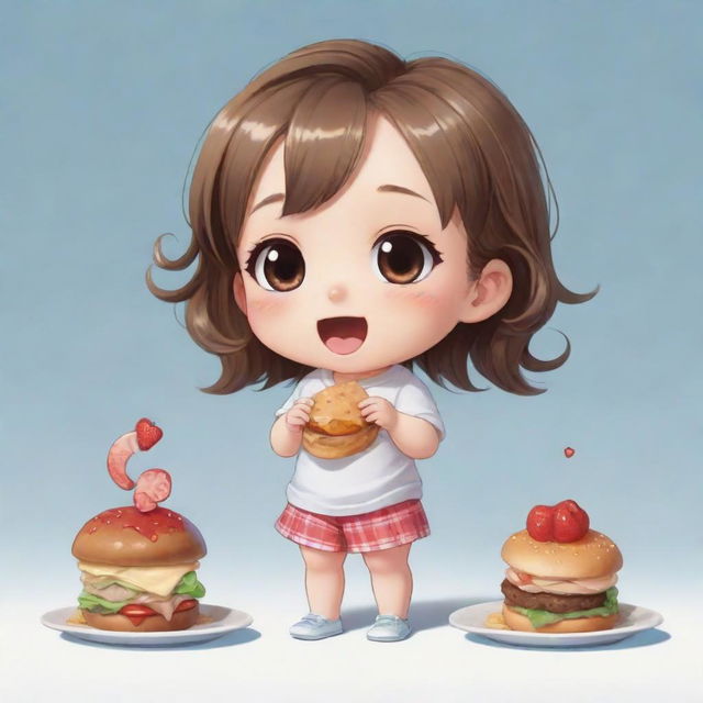 A cute Chibi character happily eating various foods, imagining herself as very slim