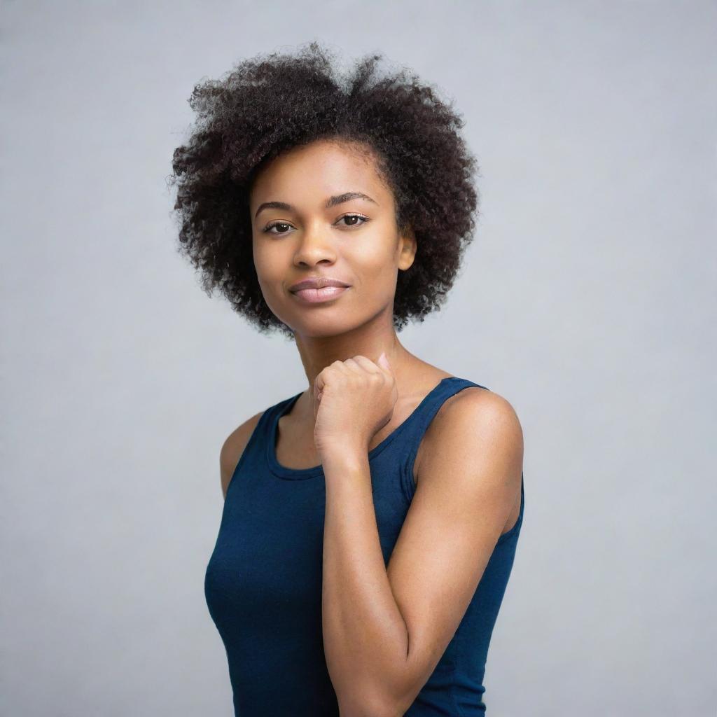 A strong and empowered woman standing confidently with her arm raised, symbolizing support and women's rights